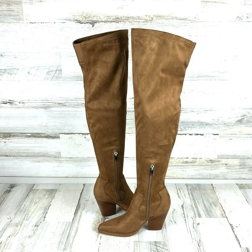Marc Fisher Womens 5 Tan Garalyn Suede Over-the-Knee Boots Block Heel NEW
